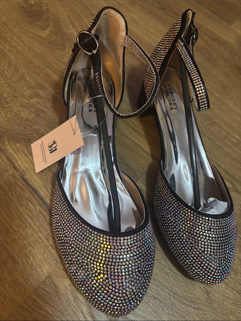 Badgley Mischka Iridescent Crystal Flats with Black Trim and Ankle Strap - Picture 6 of 8